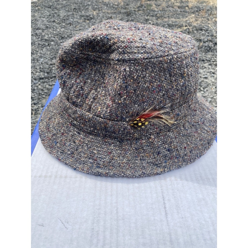 Vintage Tweed Wool Bucket Hat M USA Fly Fishing Feather Accent ACTWU Union Tag